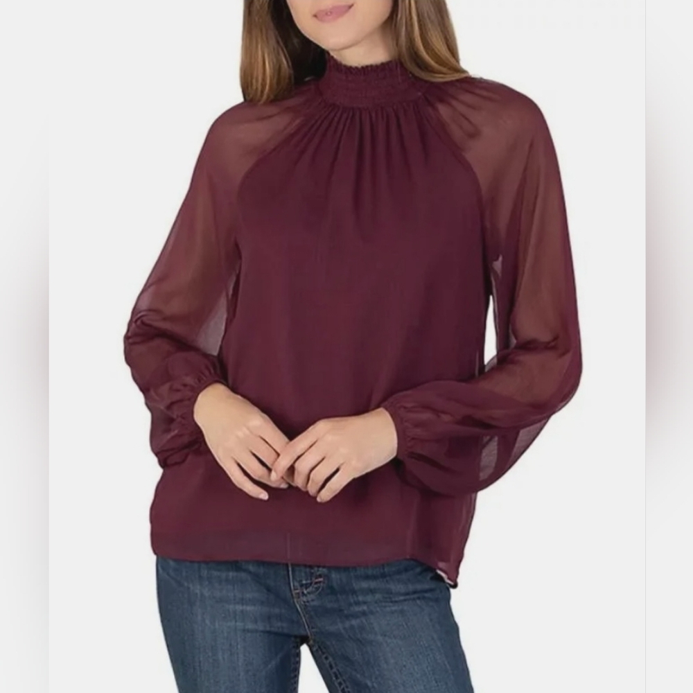 Joie Long Sleeve Smocked mockneck blouse